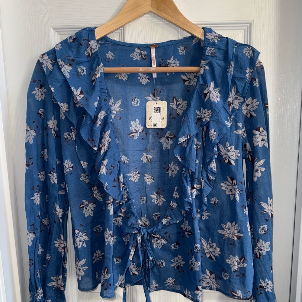 Free People Clarissa Ruffle Top XS NWT Sea Combo Floral Fairy Minimalist Tie